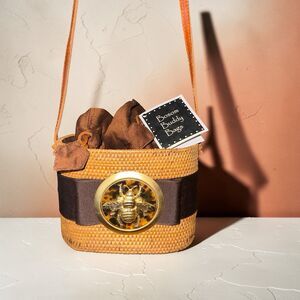Bosom Buddy Handwoven Ata Grass Gold Bee Bag Brown Ribbon Crossbody Bali